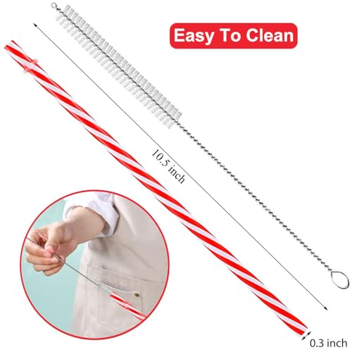 Red and White Striped Reusable Plastic Straws - 12 Pack with Cleaner Brush