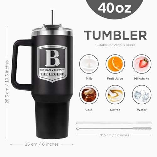 Personalized Initial 40oz Tumbler with Handle & Straw Lid - Gift for Men - Variation B
