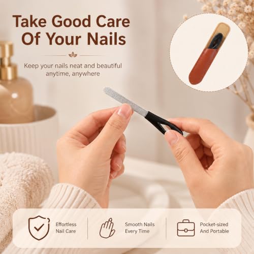Skrfren Metal Nail File 2 Pack with Leather Case, 3.5 Inch Stainless Steel Fine Grit Travel Nail Files for Natural Nails