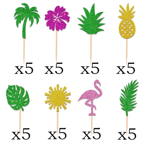 40PCS Tropical Cupcake Toppers - Glitter Hawaiian Cake Picks