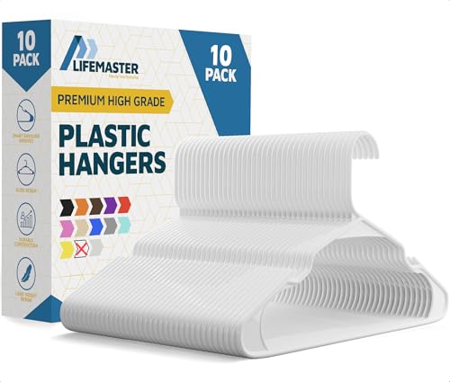 Lifemaster Heavy Duty Plastic Clothes Hangers, Non-Slip, White, 10-Pack