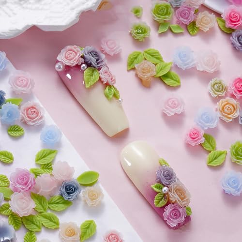 MOLILON 3D Flower Nail Charms Resin Rose and Leaf Art Decoration 100pcs