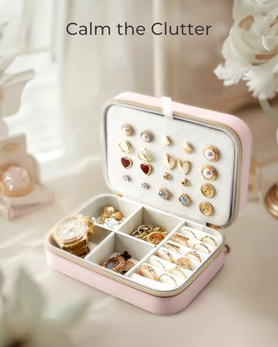 BAGSMART Travel Jewelry Box, Small PU Leather Organizer Case - Pink