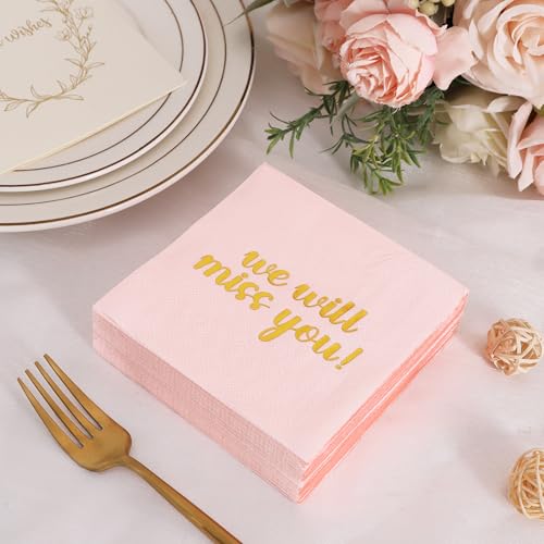 We Will Miss You Cocktail Napkins - 50 Pcs Pink Cursive Foil Party Supplies
