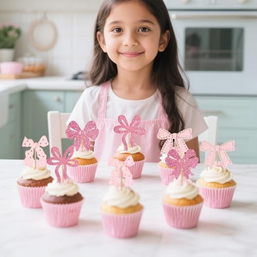 24 Pack Glitter Pink Bow Cupcake Toppers for Parties