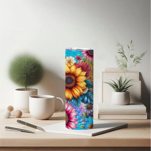 Sunflowers 20oz Stainless Steel Slim Insulated Travel Mug with Lid - Christmas & Birthday Gift for Women Bestie Coworker Variation of Sunflowers