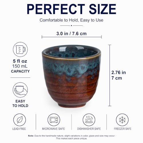 Peacock Tail Ceramic Japanese Tea Cups - Set of 2, 5 oz