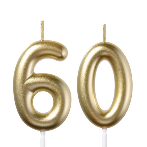 Number 60 Gold Birthday Candles, 2.35-Inch 3D Diamond Cake Topper Set