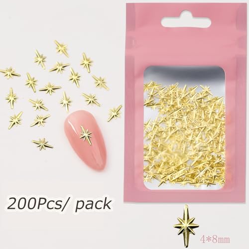 WULIUFLY 200Pcs Gold Star Nail Charms - 3D Alloy Retro Nail Gems & Art Supplies