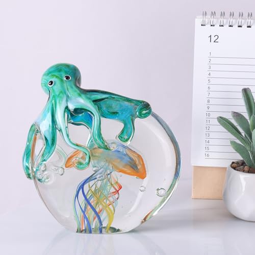 Blue Orange Glass Octopus Jellyfish Sea Creature Sculpture Home Decor Office Paperweight