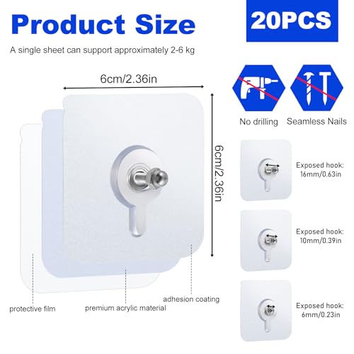 20 Pack Adhesive Wall Hooks - No Drill, Waterproof & Repositionable