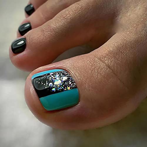 Short Press On Toenails Glossy Square False Toe Nails With Silver Glitter