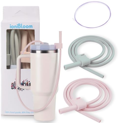 Light Pink & Gray Extendable Silicone Straws for Stanley Cup, 2 Pack 35"