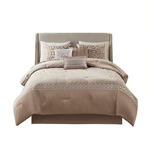 Madison Park Carina Cozy Comforter Set Luxe Jacquard Medallion Design with Embroidery and Pleated Details, All Season Bedding with Matching Shams, Decorative Pillow, Queen, Taupe 7 Piece