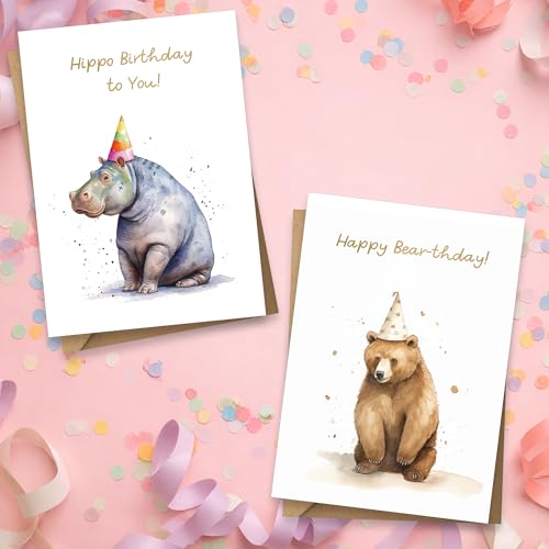 Birthday Greeting Card Multipack Set - 10 Watercolor Animal Designs, Blank Inside with Envelopes