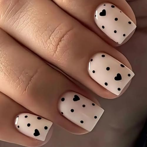 Valentine Short Square Press on Nails Black Heart Glossy 24 Pcs