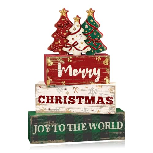 Christmas Wooden Tree Blocks Set - Rustic Indoor Holiday Decor, 4 Pcs, Tree Variation