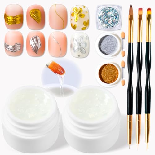 SUTOZMIWE 3D Nail Gel Kit, Semi-Solid Sculpting Gel with Chrome Powder & Brushes