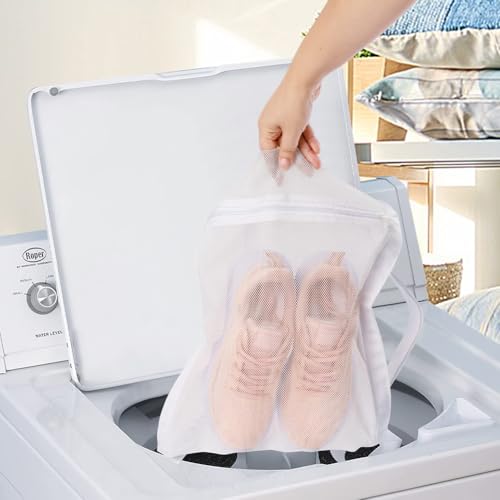 40x40cm Shoe Wash & Dry Mesh Bag with Zipper & Strap, Reusable Honeycomb Laundry Net for Sneakers