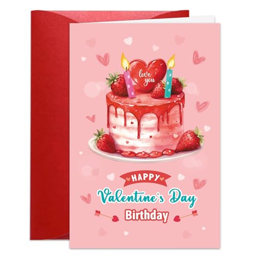 Valentine's Birthday Card with Envelope - Pink Cake Design