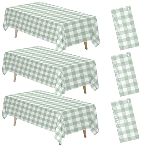 Sage Green Gingham Tablecloths - 3 Pack, 55 x 86in, Disposable