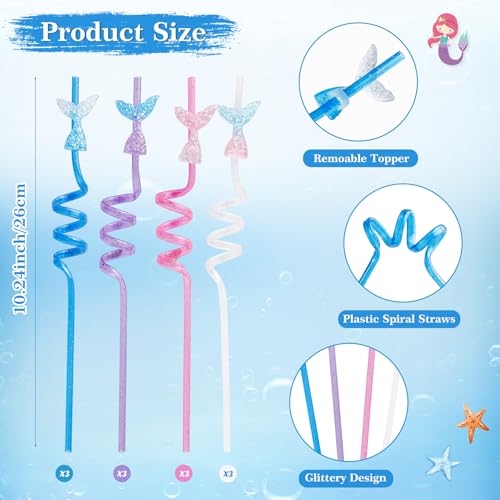 ZXOPM 12pcs Glitter Mermaid Drinking Straws with Mermaid Tail & Bow Charm - Party Favors for Mermaid Birthday