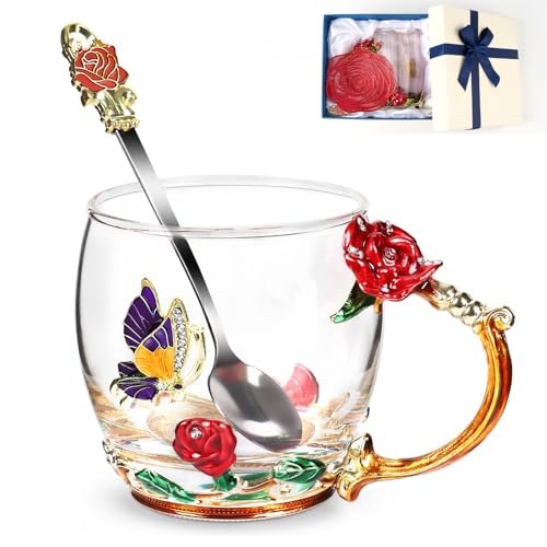 Elegant Flower Tea Cup with Butterfly Rose Design and Matching Spoon - Hot & Cold Drink Mug with Gift Box - Gold Red Variation
