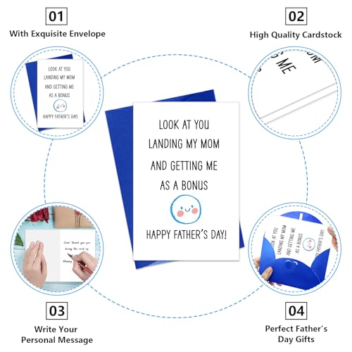 Funny Bonus Dad Father's Day Card - Stepdad Greeting Card with Envelope