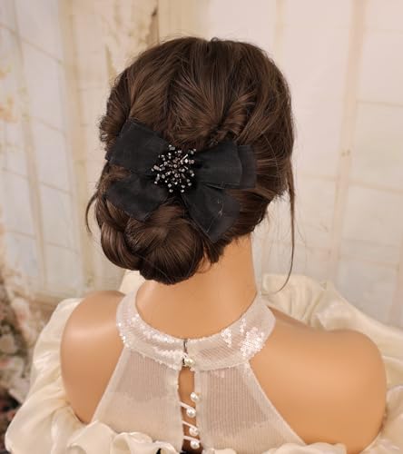 Pearl Flower Bow Hair Clip with Tulle and Crystals Black