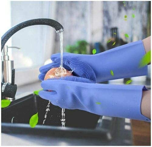 Yinceber Silicone Dishwashing Gloves, Pet Grooming Rubber Scrubbing Gloves for Dishes,Sponge Wash Cleaning Glove with Scrubbers for Housework, Bathroom, Kitchen, Car, Pets. 1Pair (13.6" Large)