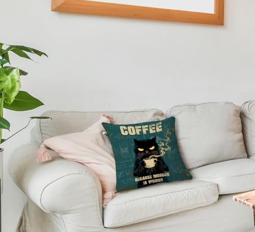 Funny Black Cat Coffee Pillow Cover, 18x18 Soft Corduroy Case (Cat03)