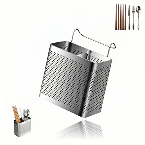 Stainless Steel Utensil Holder with Hooks - 2 Compartment Cutlery Organizer