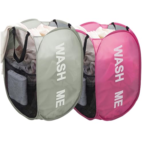 Larpur 2-Pack Pop-Up Mesh Laundry Hampers, Collapsible Gray & Pink Baskets