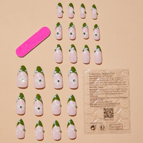 Green French Tip Press On Nails Medium Almond Fake Nails with Flower Art