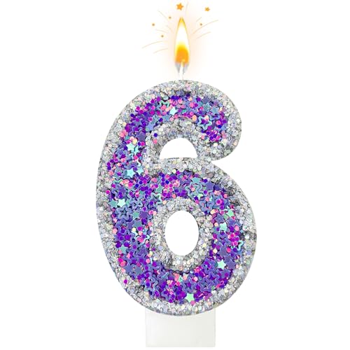 Lurevian Silver-Purple Fantasy Number 6 Birthday Candle with Glitter Star Fill, Cake Topper