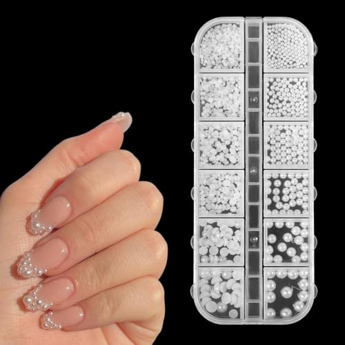 Nail Pearls 12 Grids Flatback White Pearl Charms for Manicure and DIY Crafts