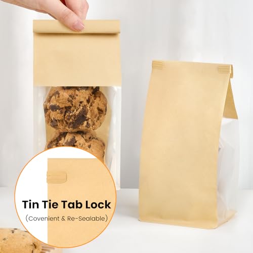 Ocmoiy Small Cookie Bags with Window - 50 Pack, 3.9x3.5x9.5 Inches, Food-Grade Kraft Paper with Sealable Tin Ties