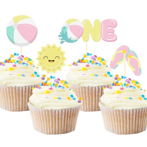 24 Pcs Pink Beach Ball Cupcake Toppers for 1st Birthday