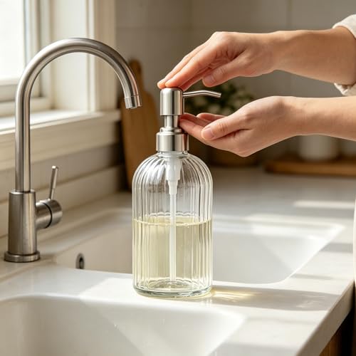 Vertical Clear Glass Hand Soap Dispenser with Silver Pump - 18 OZ
