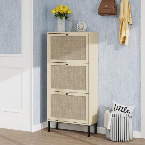 ZeHuoGe Natural Rattan Shoe Storage Rack - Modern 3-Tier Cabinet with 3 Flip Drawers for Entryway