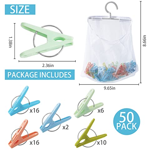 Heavy Duty Plastic Clothes Pins - 50 Pack with Mesh Bag for Laundry