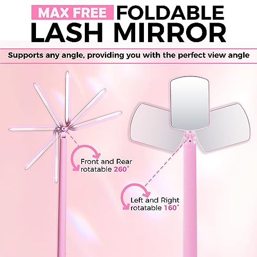 Miuffue Large Square Lash Mirror for Eyelash Extensions, 260° Rotating Folding Portable Tool, Pink