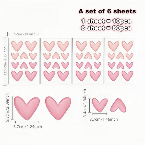 60 Pcs Pink Heart Wall Decals - Repositionable PVC Stickers for Girls' Rooms