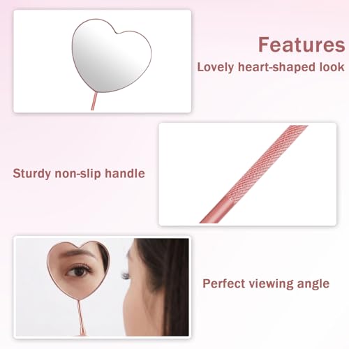 Lash Mirror for Eyelash Extensions - 2Pcs Stainless Steel Heart Handheld Detachable Rose Gold