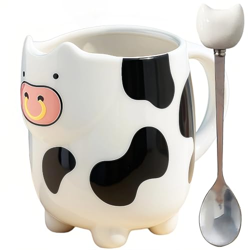 White Cow Mug with Built-in Tea Bag Holder & Spoon - 17oz Ceramic Animal Cup