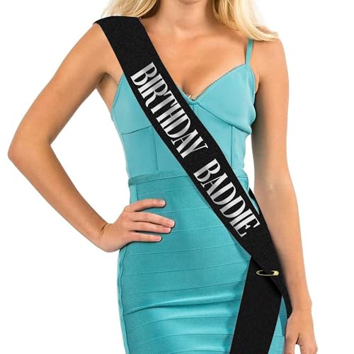 Exacoo Birthday Baddie Sash Black Satin with Silver Foil Lettering