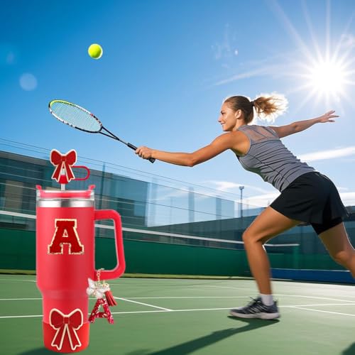 Red Stanley Cup Accessories Set with Bow Boot Leak-Proof Stopper and Initial Charm for 30/40oz Tumbler