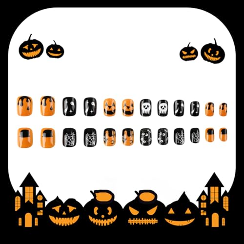 KTAABTR Halloween Press on Nails Short Square Fake Nails with Glue