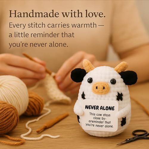 Handmade Crochet Cow Plush – Emotional Support Knitted Gift with Card