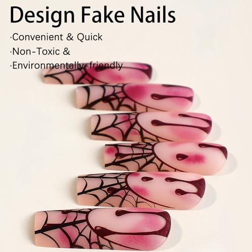 GCSQW Halloween Long Square Press On Nails Matte Blood Drop & Spider Web Fake Nails